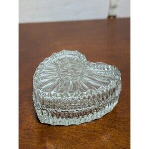 Vintage Glass HEART TRINKET Box Lidded Clear Pressed Starburst Pattern Small
